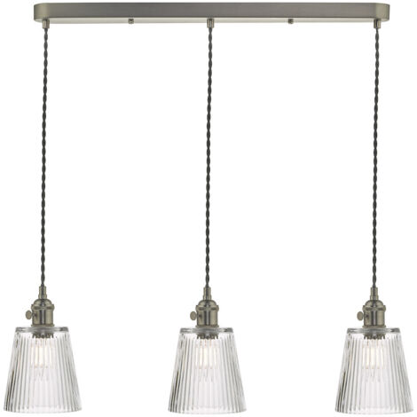 DAR HADANO - Suspension à barre droite en chrome antique avec abat-jour en verre nervuré, 3x E14 (1/4)