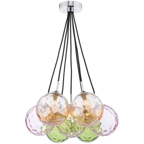 Dar Elpis Plafonnier suspendu à 7 lampes, chrome poli, verre à fossettes de 150 mm de couleurs mélangées (1/4)
