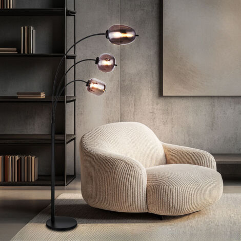 Globo Blacky Lampadaire Arc à bras multiples, abat-jour en verre fumé noir mat, 3 ampoules E14