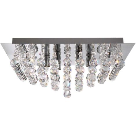 Lampe carrée chromée à 4 flammes Hanna affleurante au plafond, boules de cristal chromées (1/2)