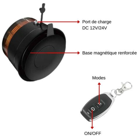 Gyrophare à LED sans fil avec télécommande rechargeable classe 5 - 12-24V