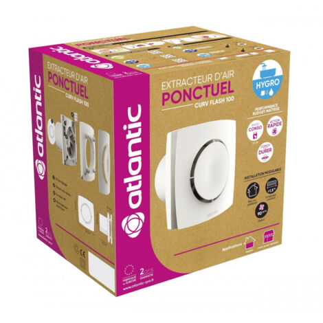 Atlantic – Extracteur individuel Curv Flash 120 HY ponctuel hygrovariable Ø120 – Débit 170 m3/h – Niveau sonore 37 dB – Montage mural ou plafond