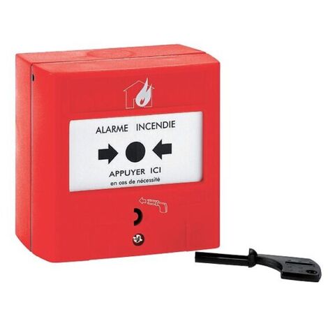 Déclencheur manuel réarmable rouge – Conforme NF EN 54-11 – Protection IP30 – Installation en saillie ou encastrée – Clé de réarmement incluse – URA