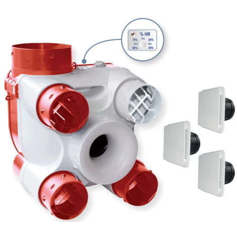 Unelvent – VMC simple flux avec 4 piquages Ø80mm et Ø125mm – Débit max 68W – Hygrostat réglable – 603116