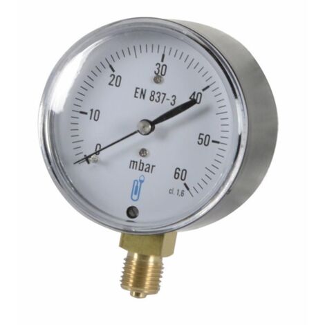 Manomètre gaz radial sec 63 mm – Raccord vertical 1/4' – Gamme de pression 0/60 mbar – Précision 2% – Boîtier acier noir