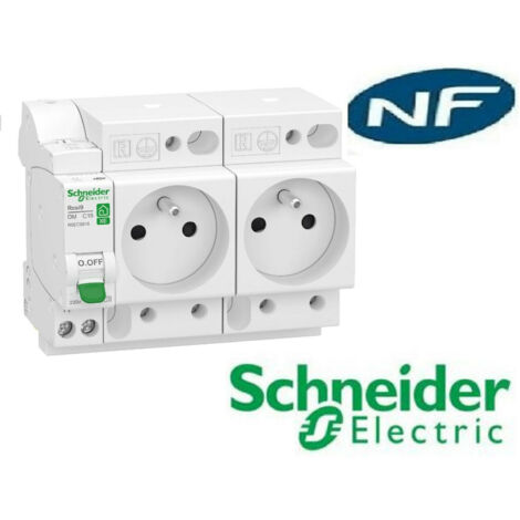 Schneider Electric – Disjoncteur bipolaire 16A 1P + N + T – 2 prises de courant modulaire – Encliquetable sur rail DIN – R9ECS616
