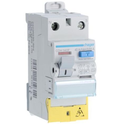Hager – Interrupteur différentiel 40A 30mA 1P+N type A HI – Protection contre déclenchements intempestifs – Borne à vis – Installation rail DIN
