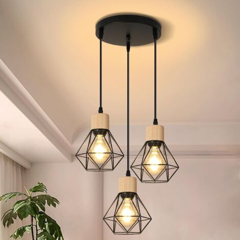 GOECO Sospensione Luminosa in Legno, Lampadario Industriale in Metallo, 3 Lampade, Lampada da Soffitto Vintage E27 per Camera da Letto, Salotto, Cucina, Scala, Corridoio (Ampoule Non Incluse)