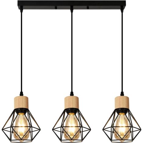 GOECO Sospensione illuminazione nera e legno, lampadario salone industriale 3 lampada E27, lampada da letto del soffitto vintage (lampadina non incluso) Lunghezza del telaio 50 cm