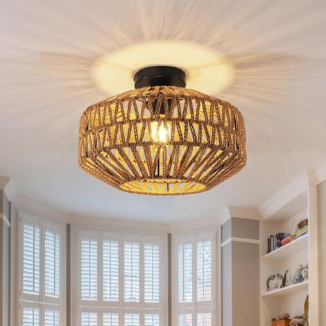 GOECO Luce del soffitto vintage E27, luce di sospensione boho in bambù intrecciato max 60w Ø30 cm, sospensione rattan per il corridoio della cucina del soggiorno