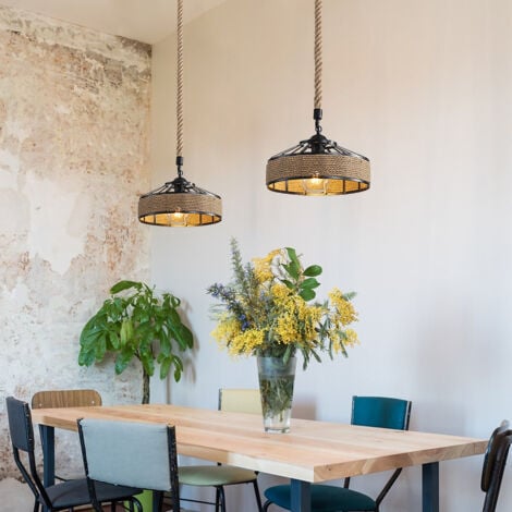 GOECO Lampadario in Corda di Canapa, Lampada a Sospensione Retrò in Metallo, Lampadari a Sospensione in Stile Country, Plafoniera Luminosa per Soggiorno Camera da Letto Decorare Casa E27
