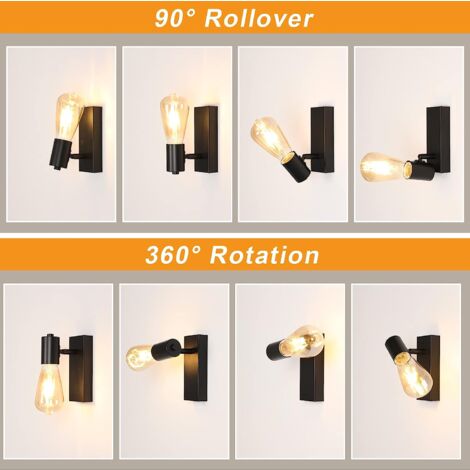 GOECO 2 pezzi Applique per Interni Retro Lampada da Parete Base E27 Per camere da letto, soggiorni, corridoi e disimpegni Nero