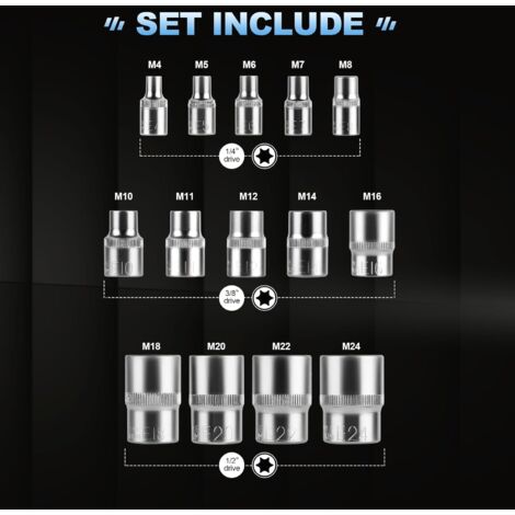 Juego De 11 Enchufes E-torx Con Riel Cr-v Unidad 1/4 Y 3/8