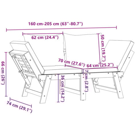 Banc de jardin avec coussins 2 en 1 bois d'acacia massif vidaXL