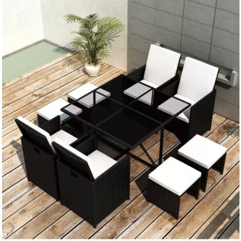 Ensemble à manger d’extérieur 9 pcs coussin Résine tressée Noir vidaXL