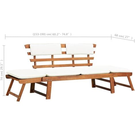 Banc de jardin avec coussins 2-en-1 190 cm Bois solide d'acacia vidaXL