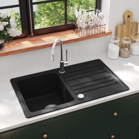 Évier de cuisine en granite avec égouttoir réversible Noir vidaXL