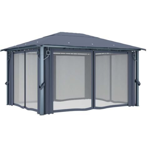 Tonnelle avec rideau et lumières LED 4x3 m Anthracite Aluminium vidaXL