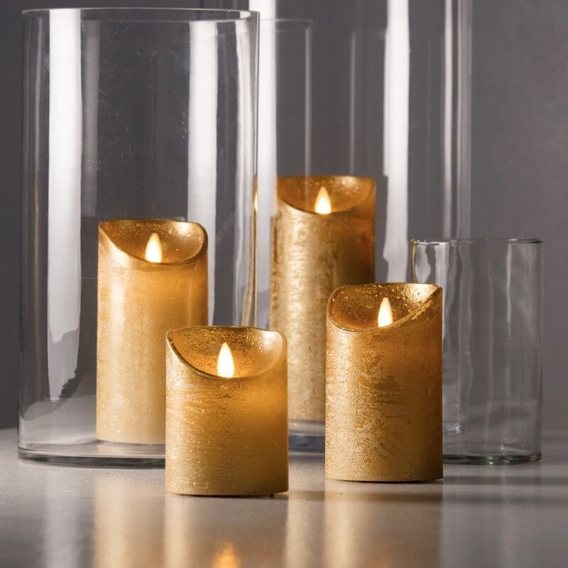 Set 3 Candele Ø 7,5 cm in cera con vetro, moving flame, led bianco classic