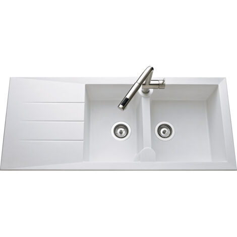 Évier 2 bacs réversible à encastrer avec égouttoir – Résistant à 220°C – Non poreux et recyclable – Dimensions 1160x500 mm – Blanc – Anconetti