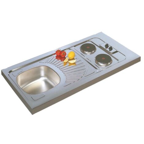 Moderna – Évier inox à poser 1 cuve 34,5x34,5cm avec égouttoir pétale – 2 feux électriques 3000W – Installation rapide pour kitchenette
