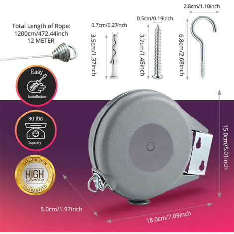 Tendedero Retráctil De Pared GAESHOW - Cuerda Extensible De 4.8m, Para Interior Y Exterior, Blanco