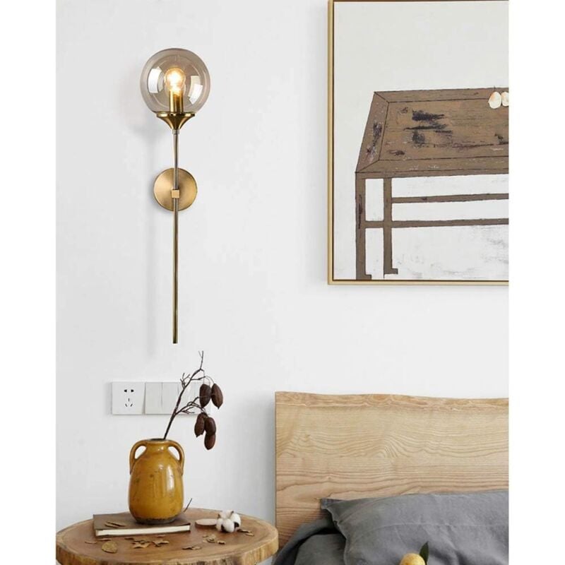 GOECO Applique Murale Industrielle Vintage, Abat-jour en Verre Ambre, Bras Long Doré, Pour Ampoule E14, Applique Murale Dorée pour Lit (Ampoule Non Incluse) 4