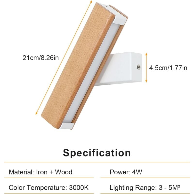 GOECO Applique Murale Intérieur LED, Applique murale LED Rotation 360°avec Simple en Bois Massif Éclairage Lampe Murale Moderne pour Chambre Blanc Lumière Chaude 3000K 4