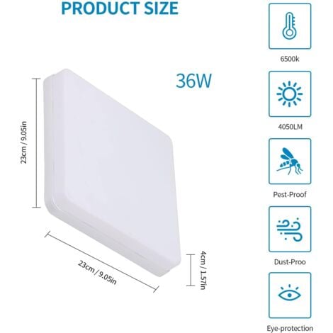 GOECO Plafonnier LED Carré, Lampe de Plafond LED, IP44 Plafonnier LED, Luminaire Plafonnier Applicable à Salle De Bain, Salon, Cuisine, Chambre, Couloir, Balcon 36W 6500K （23x23CM）