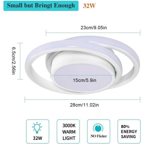 GOECO Plafonnier LED Moderne Blanc, Design Double Cercle, 32W 3000LM Dia 27cm  Blanc Chaud 3000K pour Chambre Couloir Cuisine Balcon