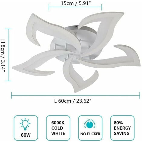 GOECO Plafonnier LED 60W 4600LM Dia 60cm Blanc Froid 6000K Luminaire Moderne de Pétale pour Salon Cuisine Salle de Bain Chambre Salle à Manger（Blanc）