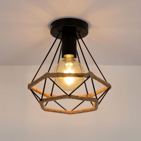 Plafonnier Vintage Industriel 20CM x 22CM, Suspension Rétro Diamant en Corde de Chanvre E27 pour Chambre Couloir Loft Salle de Bain Cuisine Salon (Ampoule non incluse)