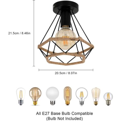 Plafonnier Vintage Industriel 20CM x 22CM, Suspension Rétro Diamant en Corde de Chanvre E27 pour Chambre Couloir Loft Salle de Bain Cuisine Salon (Ampoule non incluse)