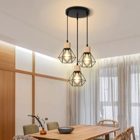 GOECO Suspension Luminaire Bois, Lustre Industriel Metal, 3 Lampe, Lampe de Plafond Vintage E27 pour Chambre Salon Cuisine Escalier Couloir (Ampoule Non Incluse)