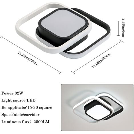 GOECO Plafonnier LED Moderne, 32W Lampe de Plafond, Luminaire Plafonnier 2500lm pour Salon, Chambre, Cuisine, Couloir (Noir) Lumière Blanche Froide 6000K