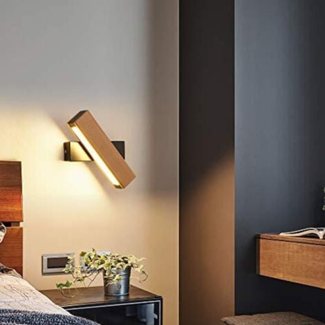 GOECO Applique Murale Intérieur LED, Applique murale LED Rotation 360°avec Simple en Bois Massif Éclairage Lampe Murale Moderne pour Chambre Noir Lumière Chaude 3000K