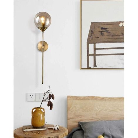 GOECO Applique Murale Industrielle Vintage, Abat-jour en Verre Ambre, Bras Long Doré, Pour Ampoule E14, Applique Murale Dorée pour Lit (Ampoule Non Incluse)