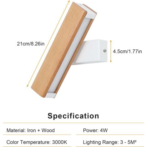 GOECO Applique Murale Intérieur LED, Applique murale LED Rotation 360°avec Simple en Bois Massif Éclairage Lampe Murale Moderne pour Chambre Blanc Lumière Chaude 3000K
