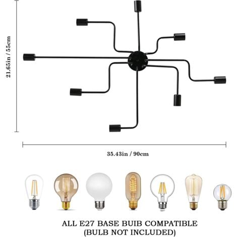 Plafonnier Industriel Noir, E27 Plafonnier Lutres Luminaire en Metal, Éclairage Lampe de Plafond Vintage pour Salon Chambre Cuisine Loft Bar Café 8 Lampes
