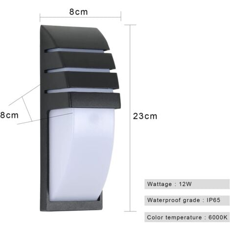 GOECO Applique Murale Interieur/Exterieur, Noir 12W  Blanc Froid 6000K , IP65 Imperméable Lampe Murale Exterieur pour Cour, Jardin, Terrasse, Proche, Patio