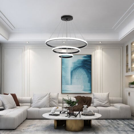 GOECO Lustre Suspendu LED Moderne - 76W 3 Anneaux Cercle Réglable, Diamètre 60cm，Dimmable (3000K/4500K/6500K) - Lampe de Plafond éclairage intérieur de la chambre à coucher du salon（Noir ）