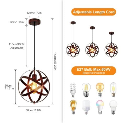 GOECO Suspension Lustre Vintage Luminaire Industrielle Dia. 30cm E27 éclairage pour Restaurant Bar Salle à manger