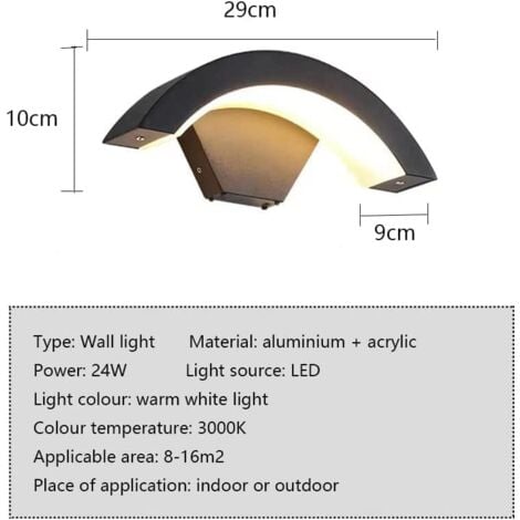 GOECO Applique Murale LED Extérieur Intérieur 24W IP54 Lumière Chaude 3000K Métal