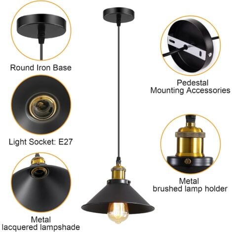 GOECO Suspension Luminaire Industrielle Lustre Plafonnier Noir, Φ22 cm pour ampoules E27 Lustre Plafonnier Vintage Culot Abat-jour en Métal 1 pièce