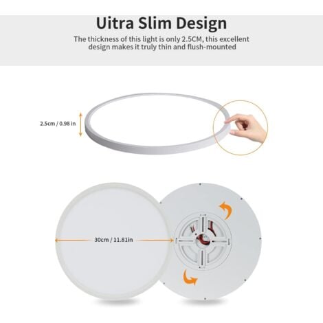 Plafonnier LED Lampe De Plafond Ronde IP44 Luminaire Pour Chambre Salle De Bain Cuisine Couloir Balcon Ø30cm 24W 2160LM 6500K Lumière Blanc Froid