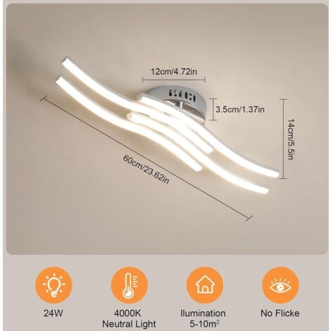 GOECO Plafonnier LED Ondulé avec 4 Tubes, Argent 24W 2300LM Lumière Neutre 4000K, Lampe Plafond Moderne pour Chambre Cuisine Couloir Salle de Bain (52x14x7cm)