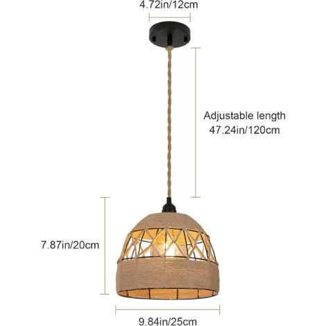 Suspension Corde de Chanvre, Lustre Industrielle Vintage, Luminaire Plafonnier en Métal, Lampe de Plafond Retro pour Salon Cuisine Chambre Café-bar (25CM) E27