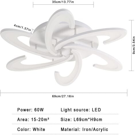 GOECO Plafonnier LED Moderne Dimmable Blanc, 54W 6300LM avec Télécommande, Design Créatif à 6 Têtes en Acrylique pour Salon Cuisine Chambre (L70 x l70 x H9 cm) -