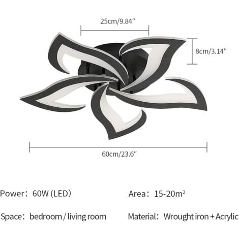 GOECO Plafonnier LED 60W 4600LM Dia 60cm Blanc Froid 6000K Luminaire Moderne de Pétale pour Salon Cuisine Salle de Bain Chambre Salle à Manger（Noir）