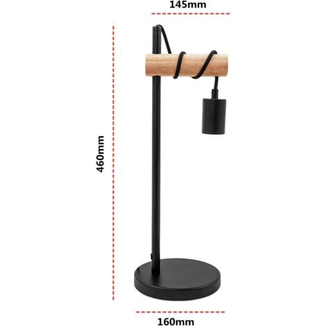 GOECO Lampe de Table Noire, Design Vintage pour Lecture, Lampe de Chevet en Bois et Métal avec Douille E27, Hauteur 49cm pour Bureau Chambre Salon (Ampoule Non Incluse) -
